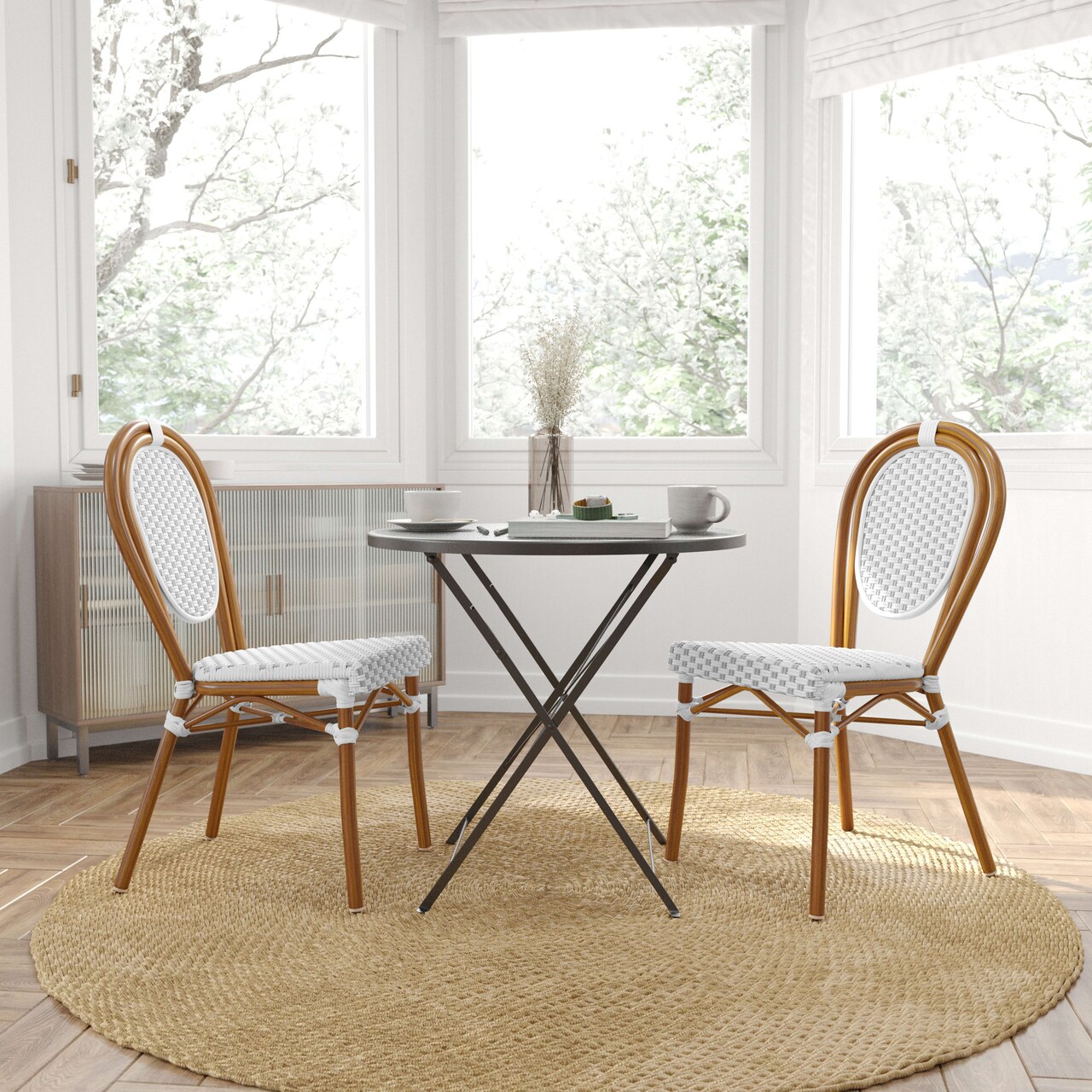 Merrick Lane Toulon Stacking Thonet Bistro Style Chair, PE Cane Rattan Seat, and Metal Frame for Indoor/Outdoor Use